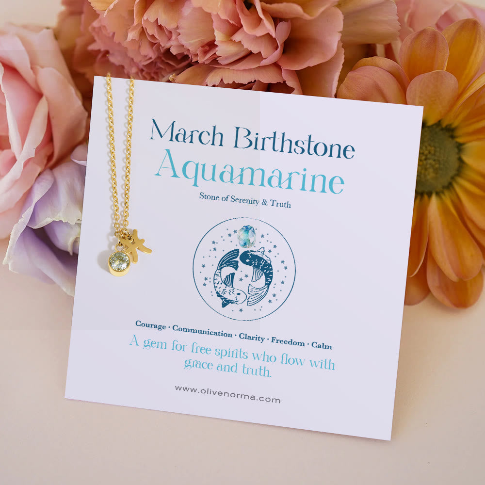 Olivenorma Zodiac Rune Birthstone Stainless Steel Gift Card Necklace - March/Pisces&Aquamarine - With Zodiac Card - image 0