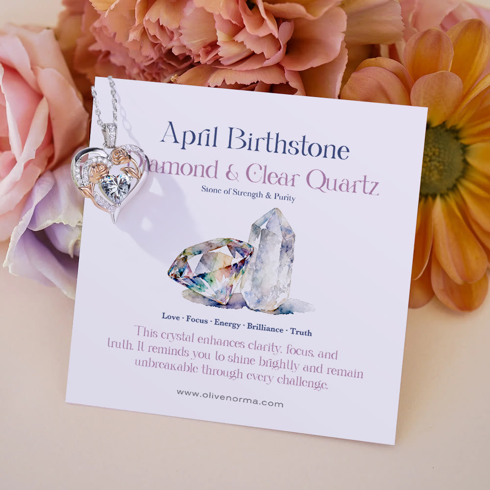 Olivenorma Double Roses Flower Heart Birthstone Gift Card Necklace - April-Diamond&Clear Quartz - With Birthstone Card - image 0