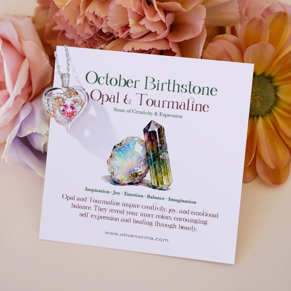 Olivenorma Double Roses Flower Heart Birthstone Gift Card Necklace - October-Opal&Tourmaline - With Birthstone Card - image 18
