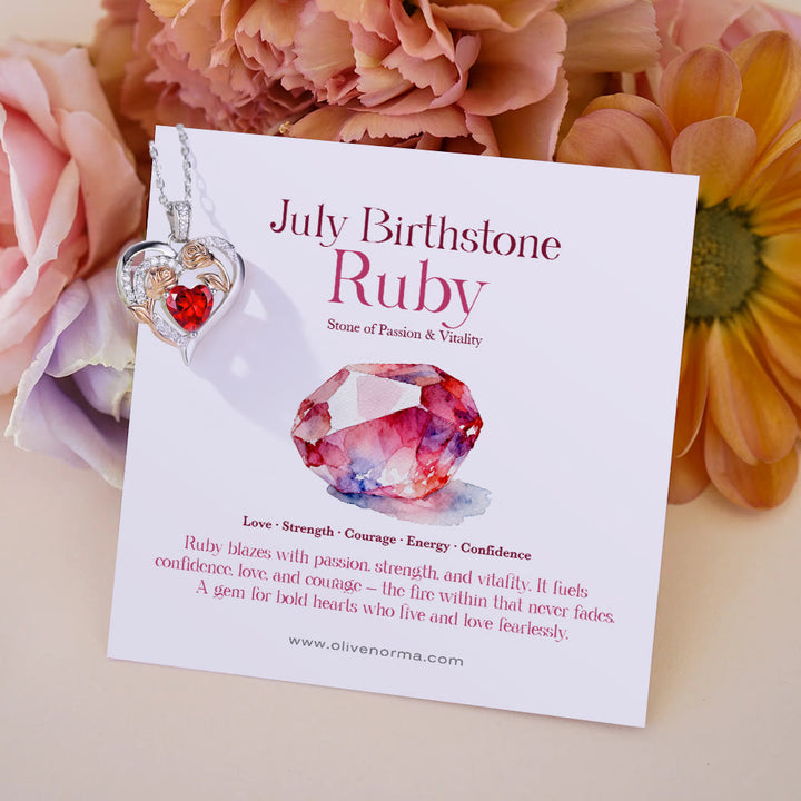 Olivenorma Double Roses Flower Heart Birthstone Gift Card Necklace - July-Ruby - With Birthstone Card - image 12