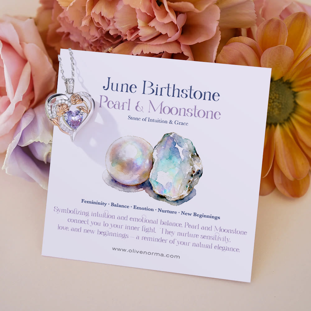 Olivenorma Double Roses Flower Heart Birthstone Gift Card Necklace - June-Pearl&Moonstone - With Birthstone Card - image 10
