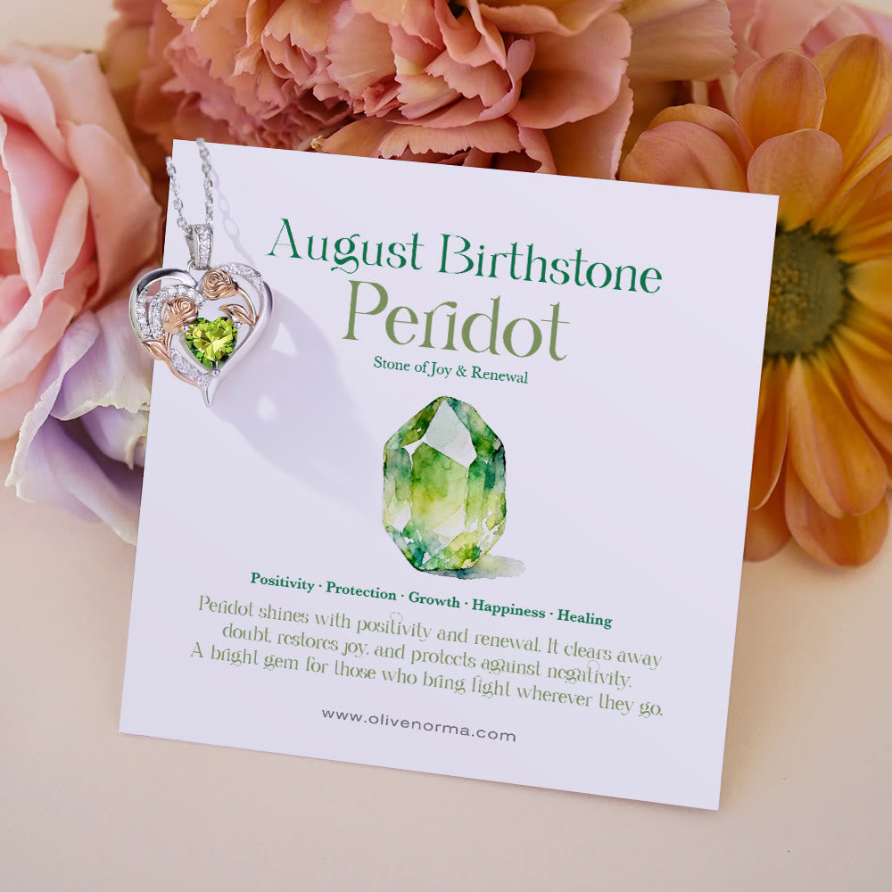 Olivenorma Double Roses Flower Heart Birthstone Gift Card Necklace - August-Peridot - With Birthstone Card - image 14