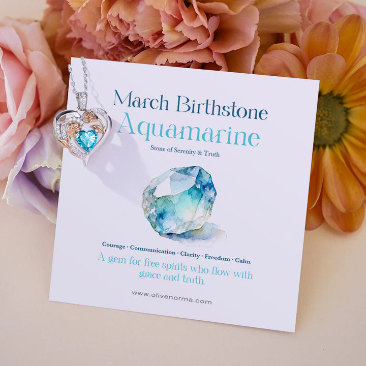 Olivenorma Double Roses Flower Heart Birthstone Gift Card Necklace - March-Aquamarine - With Birthstone Card - image 9