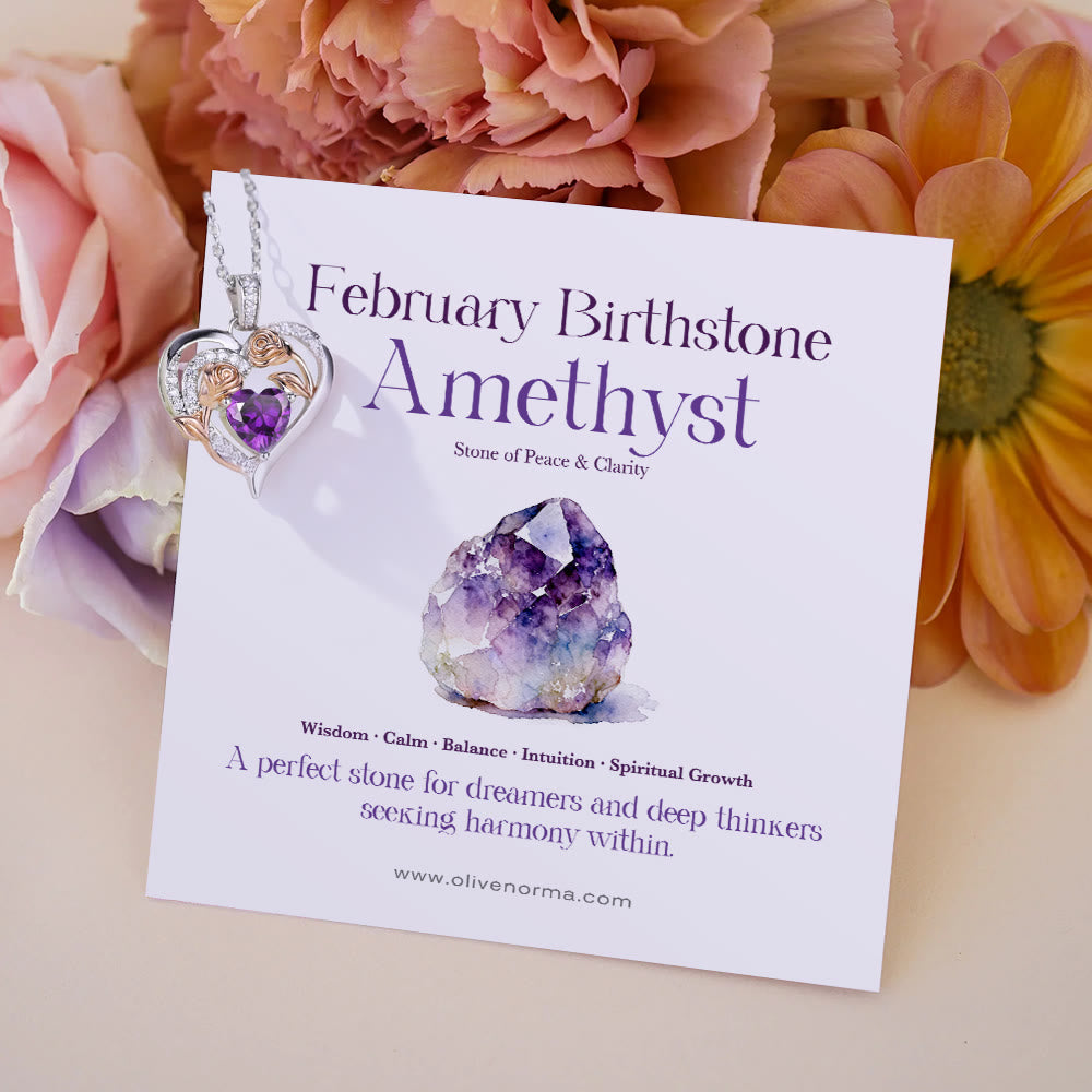 Olivenorma Double Roses Flower Heart Birthstone Gift Card Necklace - February-Amethyst - With Birthstone Card - image 4