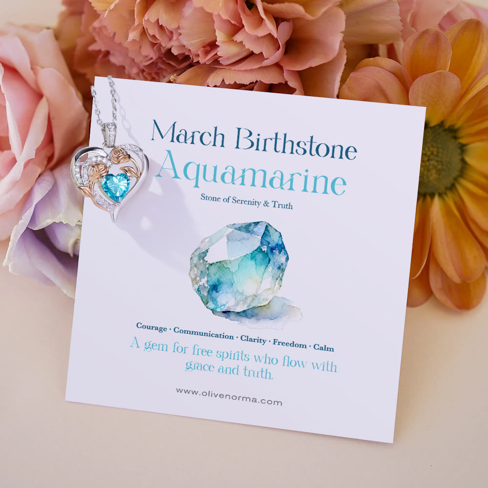 Olivenorma Double Roses Flower Heart Birthstone Gift Card Necklace - March-Aquamarine - With Birthstone Card - image 6