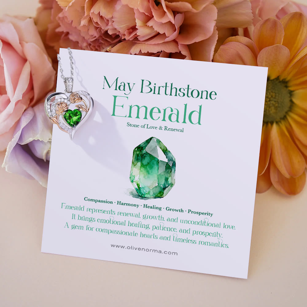 Olivenorma Double Roses Flower Heart Birthstone Gift Card Necklace - May-Emerald - With Birthstone Card - image 11