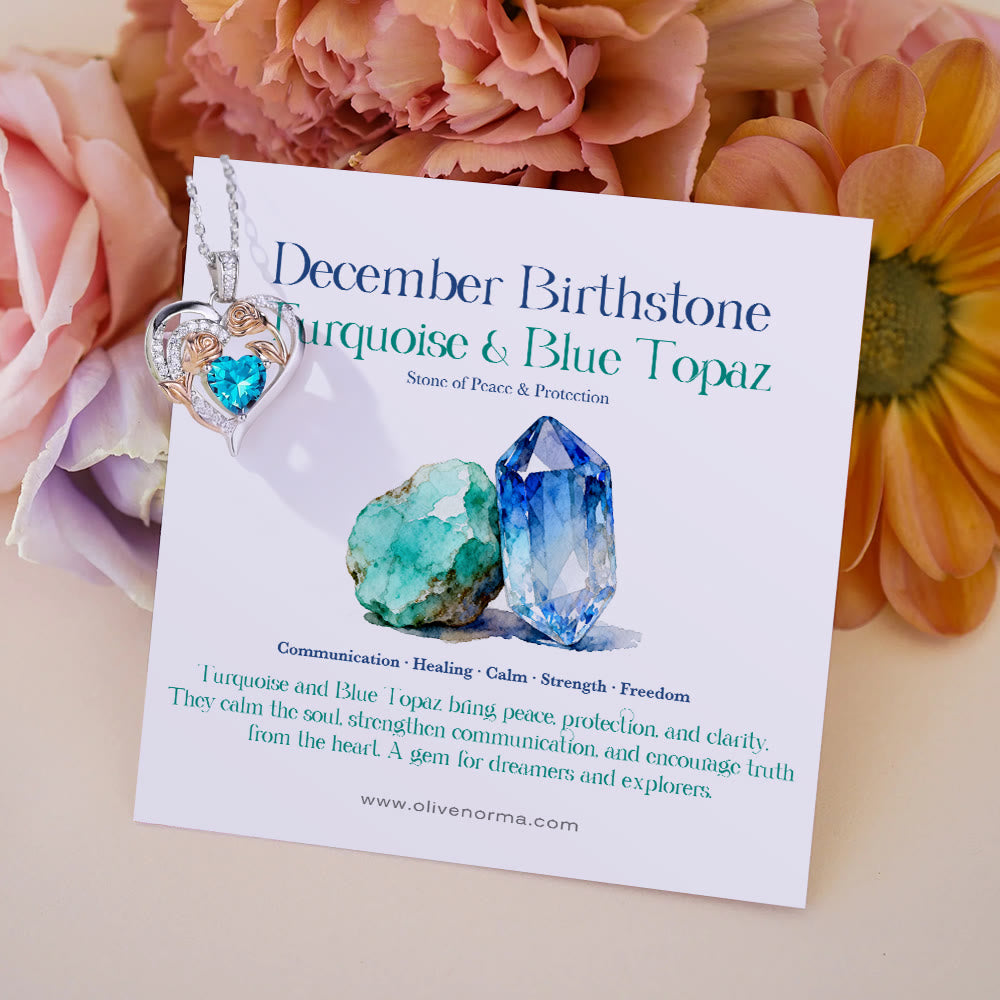 Olivenorma Double Roses Flower Heart Birthstone Gift Card Necklace - December-Turquoise&Blue Topaz - With Birthstone Card - image 22