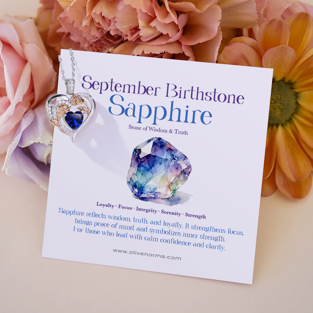 Olivenorma Double Roses Flower Heart Birthstone Gift Card Necklace - September-Sapphire - With Birthstone Card - image 19