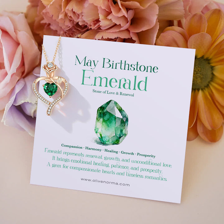 Olivenorma Rose Flower Love Heart Birthstone Gift Card Necklace - May-Emerald - With Birthstone Card - image 11