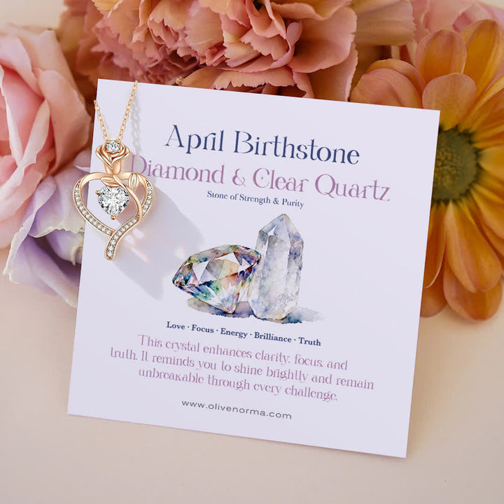 FREE Today: Rose Flower Love Heart Birthstone Gift Card Necklace - April-Diamond&Clear Quartz - With Birthstone Card - image 11