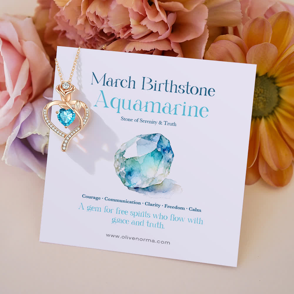 Olivenorma Rose Flower Love Heart Birthstone Gift Card Necklace - March-Aquamarine - With Birthstone Card - image 10