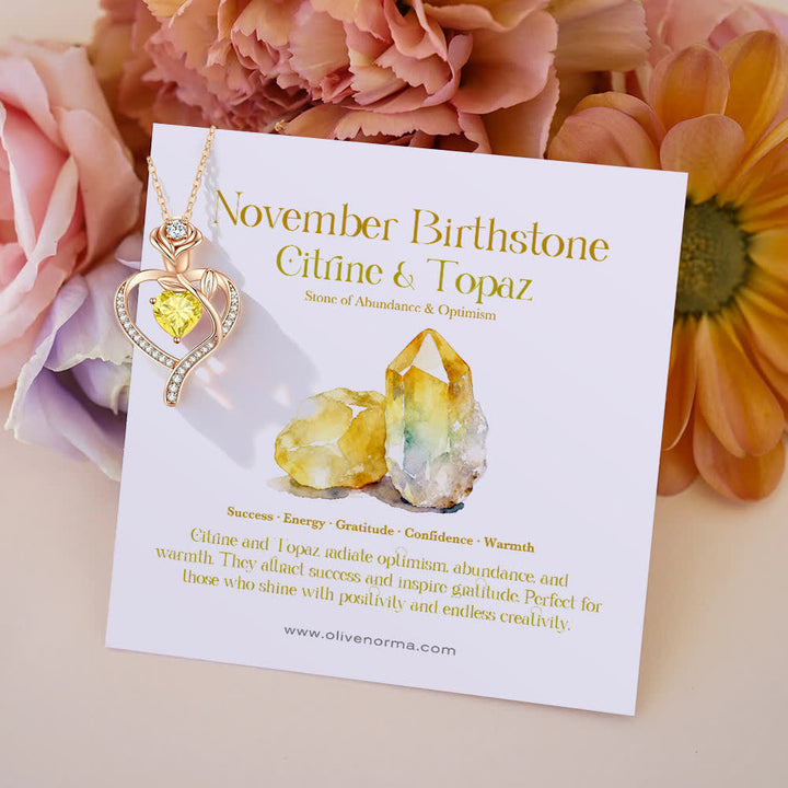 Olivenorma Rose Flower Love Heart Birthstone Gift Card Necklace - November-Citrine&Topaz - With Birthstone Card - image 21