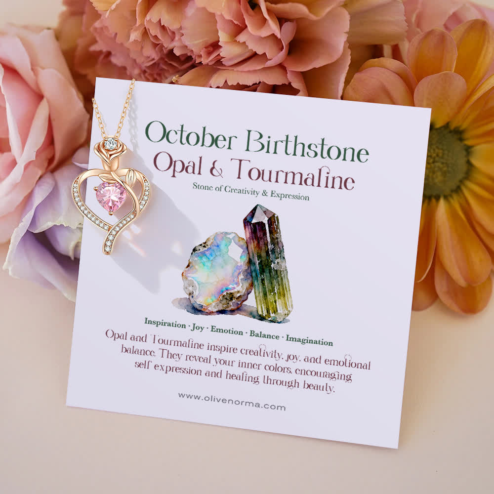 Olivenorma Rose Flower Love Heart Birthstone Gift Card Necklace - October-Opal&Tourmaline - With Birthstone Card - image 19