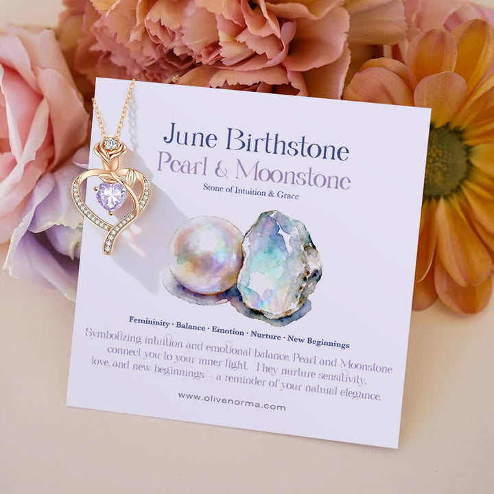 Olivenorma Rose Flower Love Heart Birthstone Gift Card Necklace - June-Pearl&Moonstone - With Birthstone Card - image 13