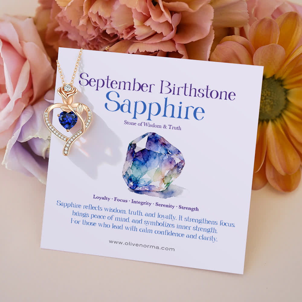 Olivenorma Rose Flower Love Heart Birthstone Gift Card Necklace - September-Sapphire - With Birthstone Card - image 17