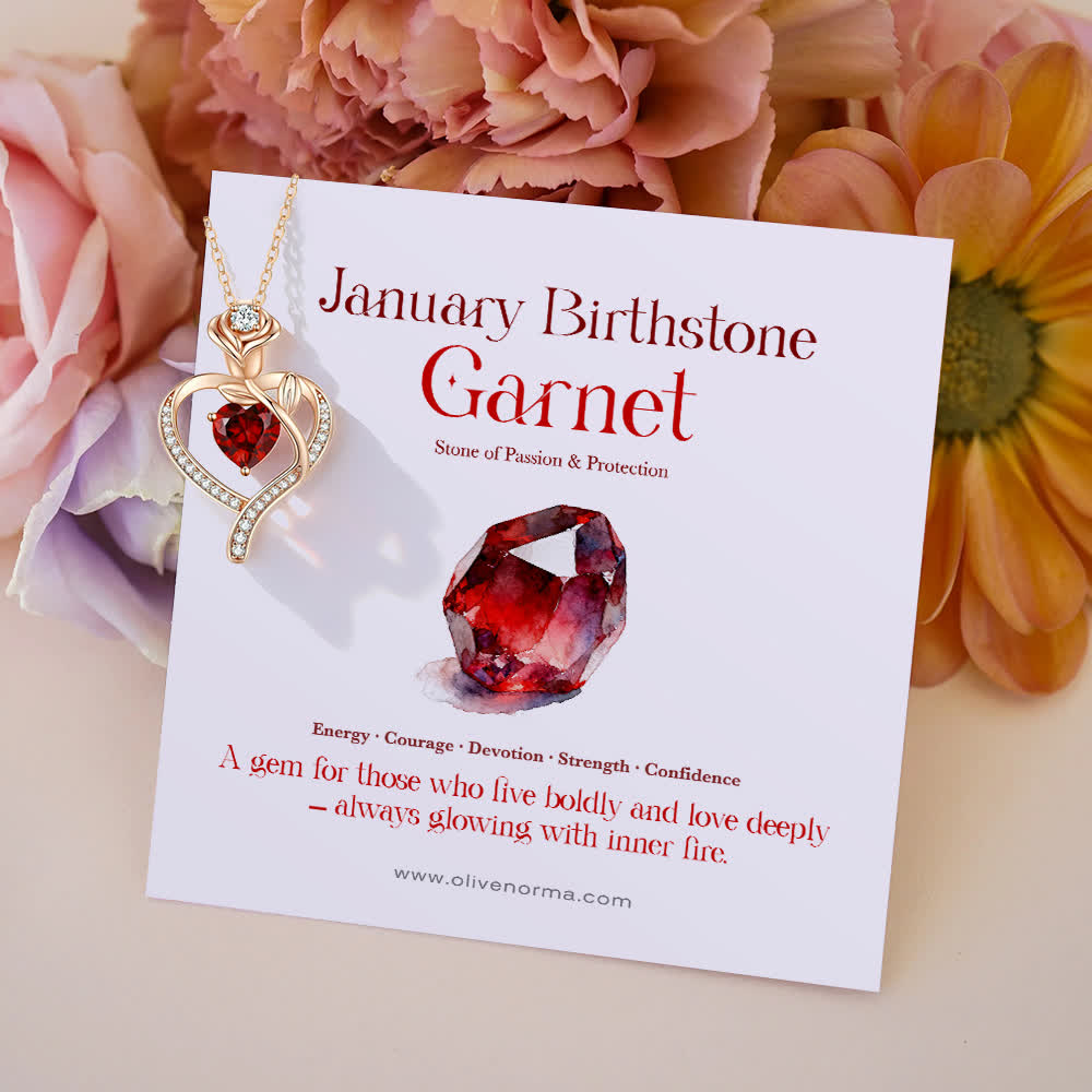 Olivenorma Rose Flower Love Heart Birthstone Gift Card Necklace - January-Garnet - With Birthstone Card - image 6