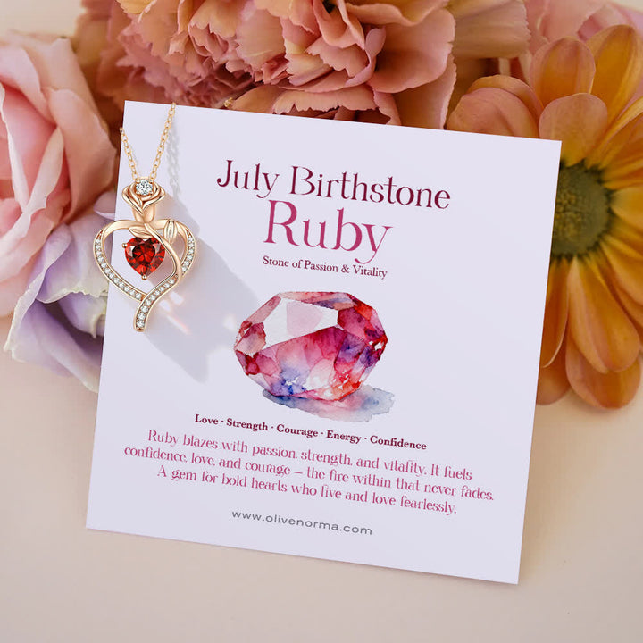 FREE Today: Rose Flower Love Heart Birthstone Gift Card Necklace - July-Ruby - With Birthstone Card - image 3