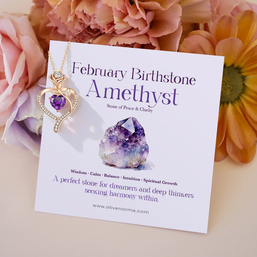 Olivenorma Rose Flower Love Heart Birthstone Gift Card Necklace - February-Amethyst - With Birthstone Card - image 5