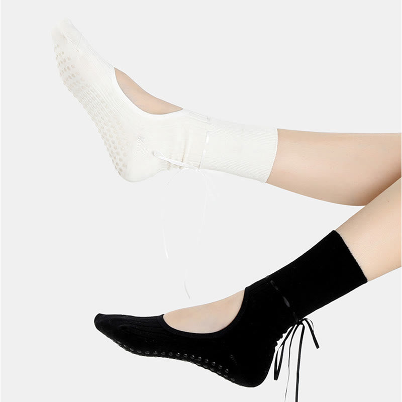 Olivenorma Backless Ribbon Strap Non-Slip Grip Barre Pilates Dance Socks for Women with Adjustable Strap, Breathable Soft Comfort Fit Yoga Socks - Black & White & Gray - 10 Pairs - image 0