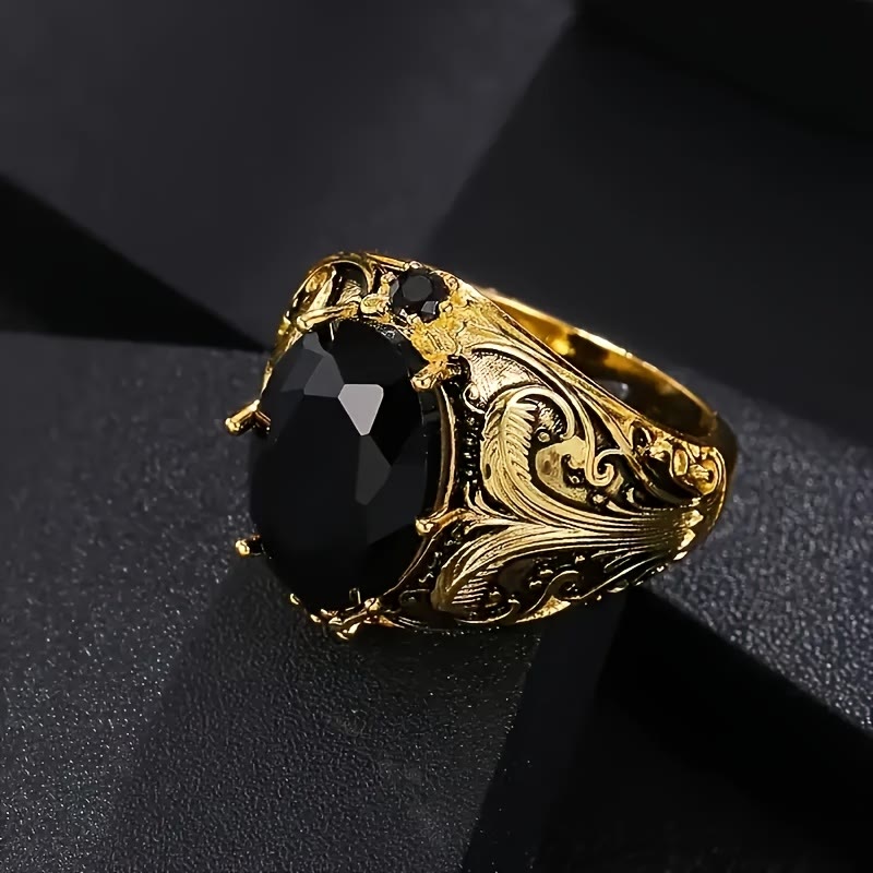 FREE Today: Black Oval Zirconia Vintage Men's Golden-Tone Alloy Ring - image 2