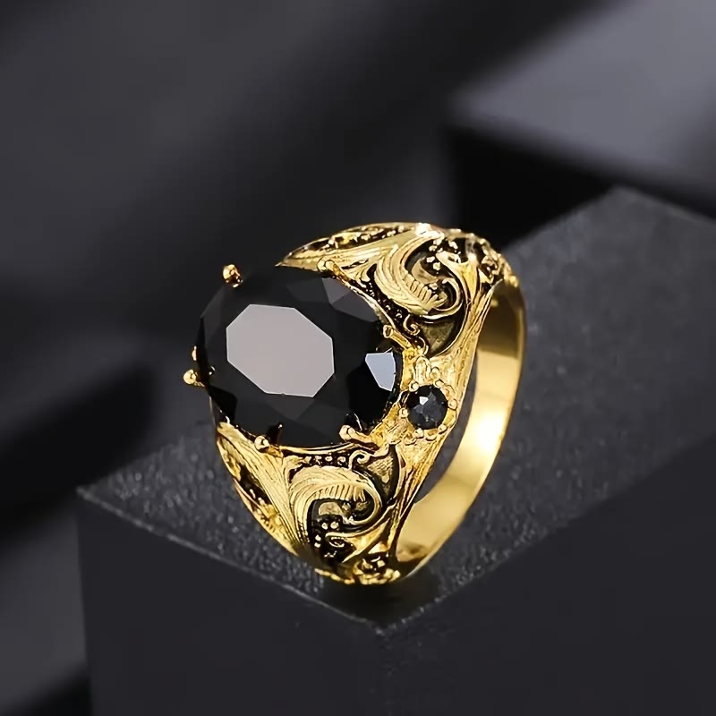 FREE Today: Black Oval Zirconia Vintage Men's Golden-Tone Alloy Ring - image 1