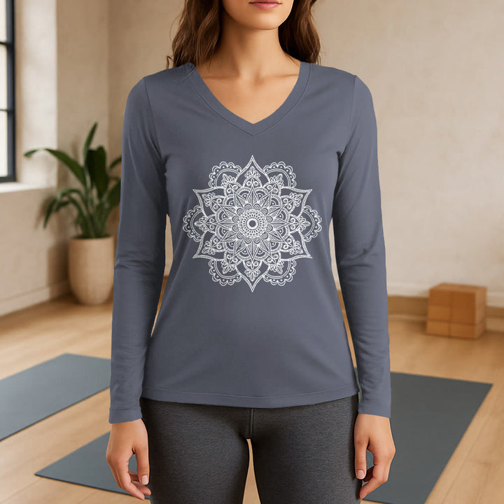 Olivenorma Colorful Lotus Elephant Printed Long Sleeve V-Neck T-Shirt - Gray - 3XL - image 16