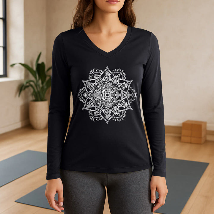 Olivenorma Colorful Lotus Elephant Printed Long Sleeve V-Neck T-Shirt - Black - 3XL - image 9