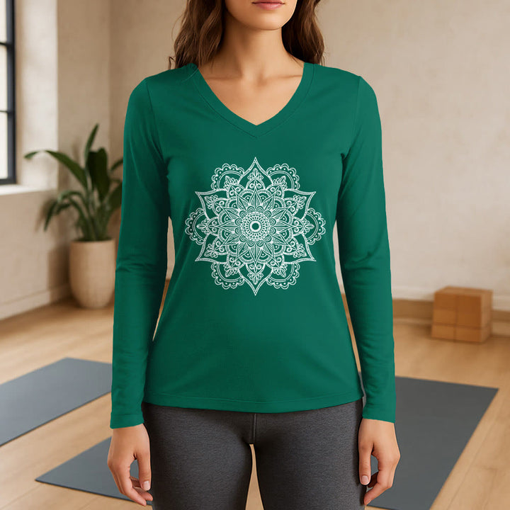 Olivenorma Colorful Lotus Elephant Printed Long Sleeve V-Neck T-Shirt - Green - 3XL - image 12