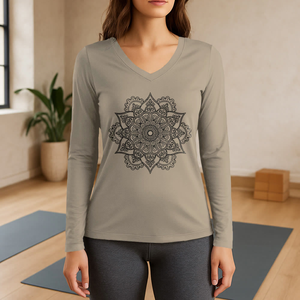 Olivenorma Colorful Lotus Elephant Printed Long Sleeve V-Neck T-Shirt - Khaki - 3XL - image 17