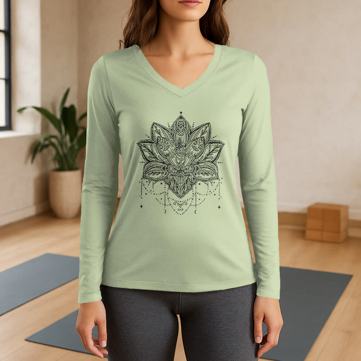 Olivenorma Lotus Printed Large Long Sleeve V-Neck T-Shirt - Light Green - 3XL - image 1