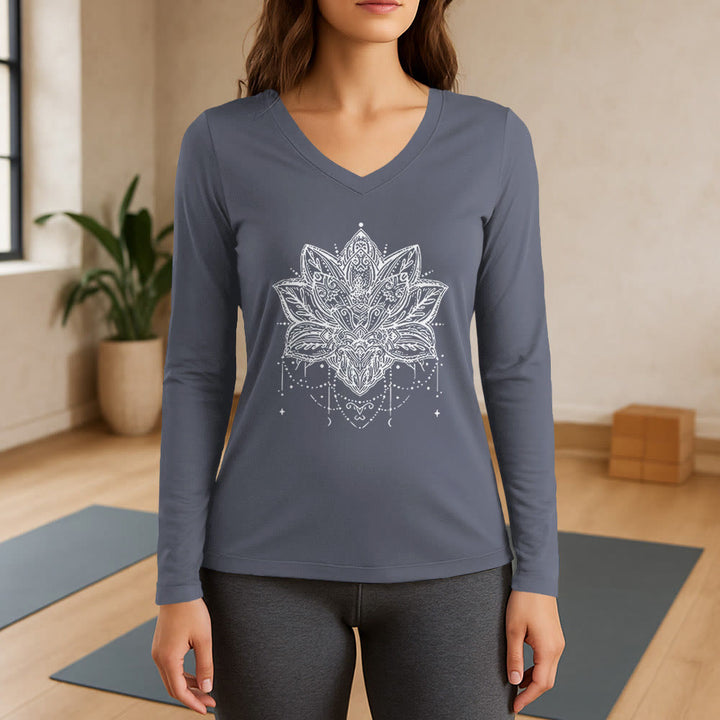 Olivenorma Lotus Printed Large Long Sleeve V-Neck T-Shirt - Gray - 3XL - image 16