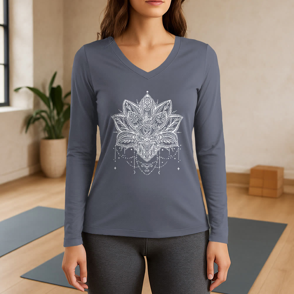Olivenorma Lotus Printed Large Long Sleeve V-Neck T-Shirt - Gray - 3XL - image 16