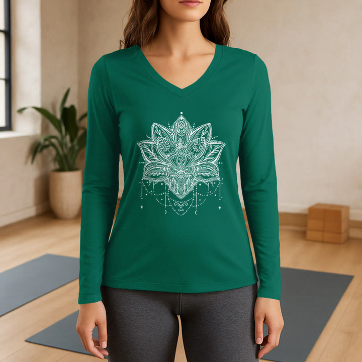 Olivenorma Lotus Printed Large Long Sleeve V-Neck T-Shirt - Green - 3XL - image 11
