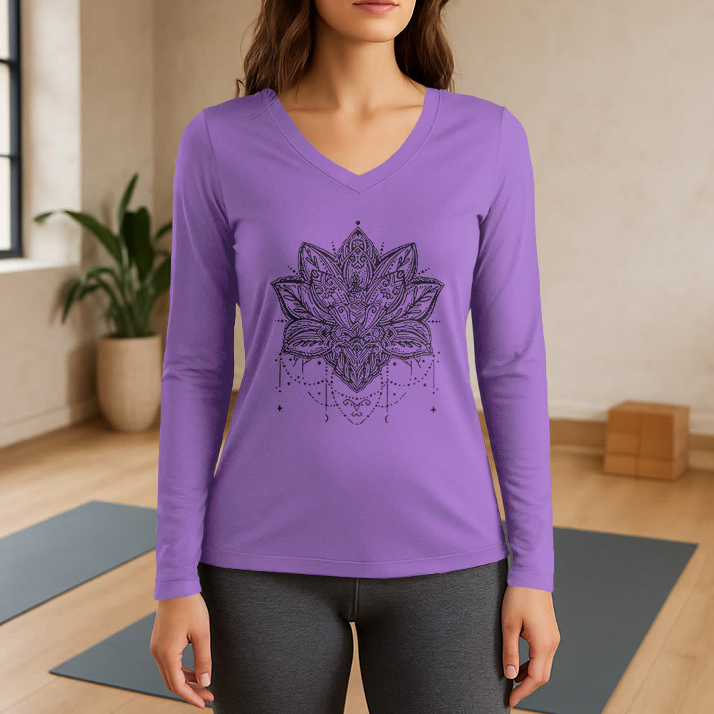 Olivenorma Lotus Printed Large Long Sleeve V-Neck T-Shirt - Purple - 3XL - image 14