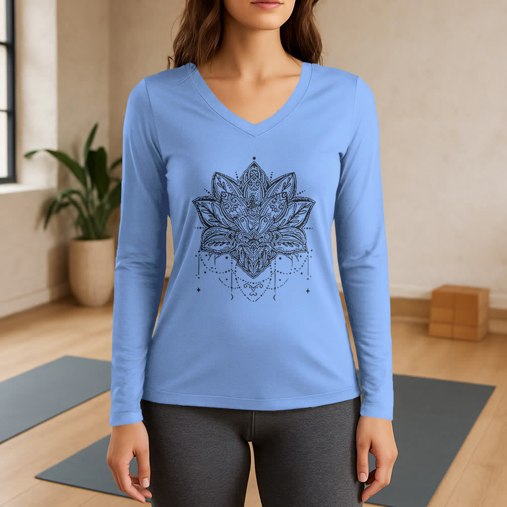 Olivenorma Lotus Printed Large Long Sleeve V-Neck T-Shirt - Light Blue - 3XL - image 10
