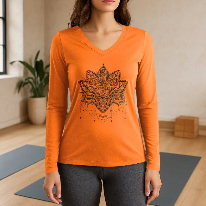 Olivenorma Lotus Printed Large Long Sleeve V-Neck T-Shirt - Orange - 3XL - image 15