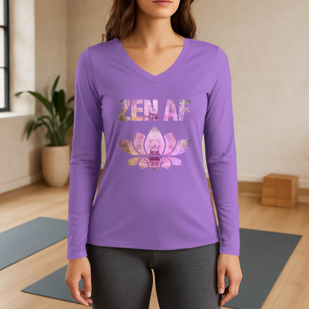 Olivenorma Zen AF Yoga Lotus Long Sleeve V-Neck T-Shirt - Purple - 3XL - image 14