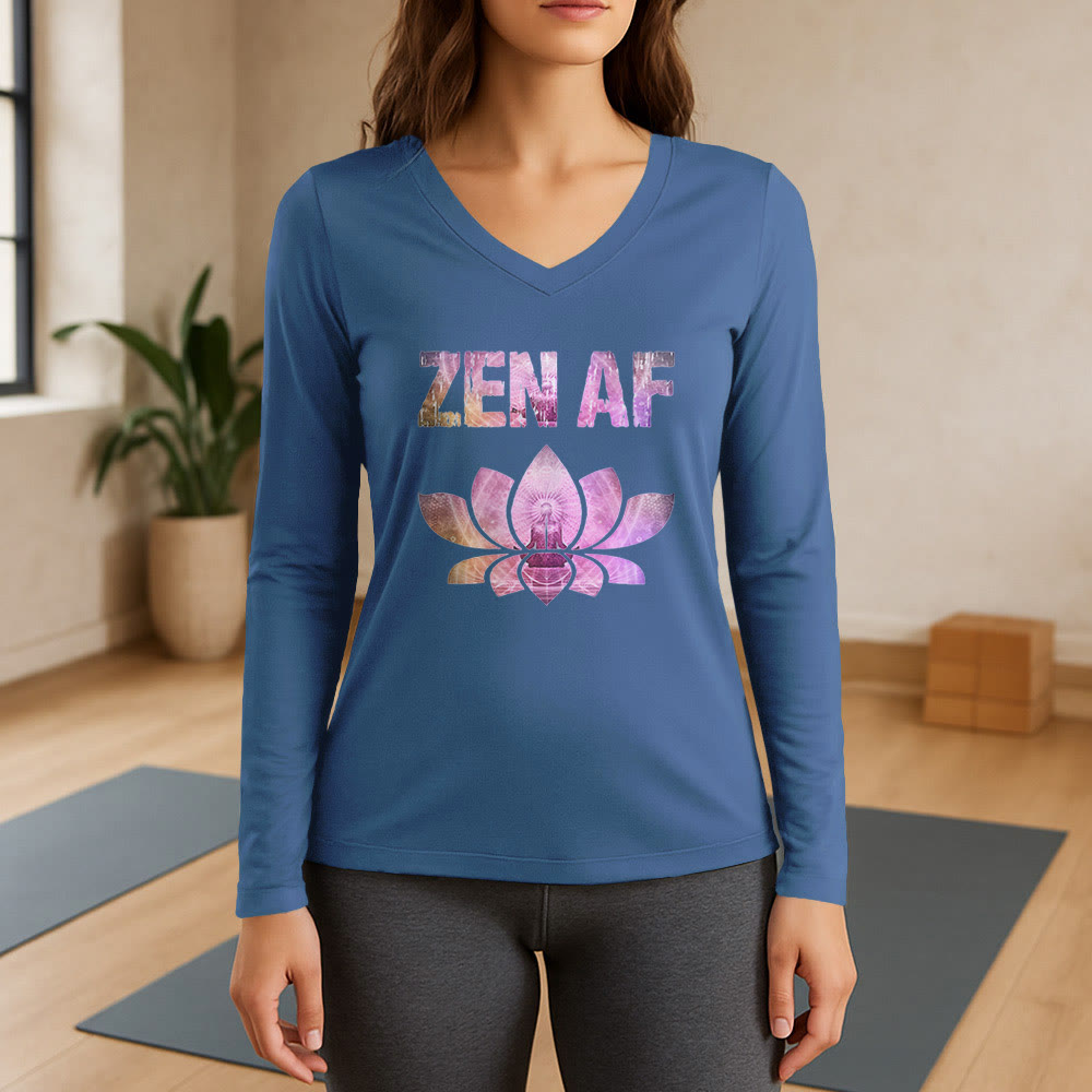 Olivenorma Zen AF Yoga Lotus Long Sleeve V-Neck T-Shirt - Blue - 3XL - image 12