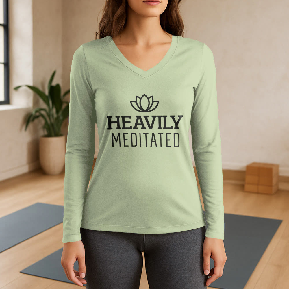 Olivenorma Heavily Meditated Lotus Long Sleeve V-Neck T-Shirt - Light Green - 3XL - image 10