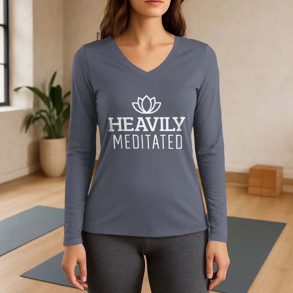 Olivenorma Heavily Meditated Lotus Long Sleeve V-Neck T-Shirt - Gray - 3XL - image 16