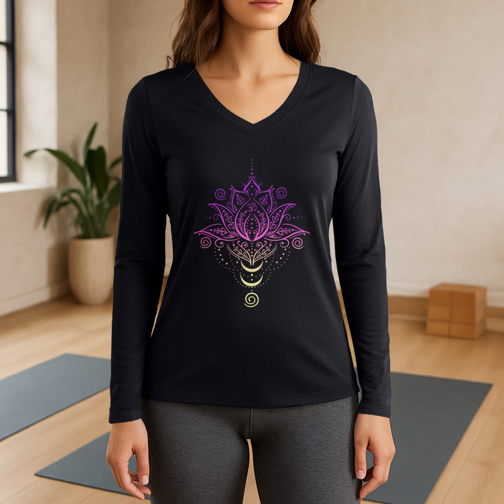 Olivenorma OM Lotus Flower Long Sleeve V-Neck T-Shirt - Black - 3XL - image 0