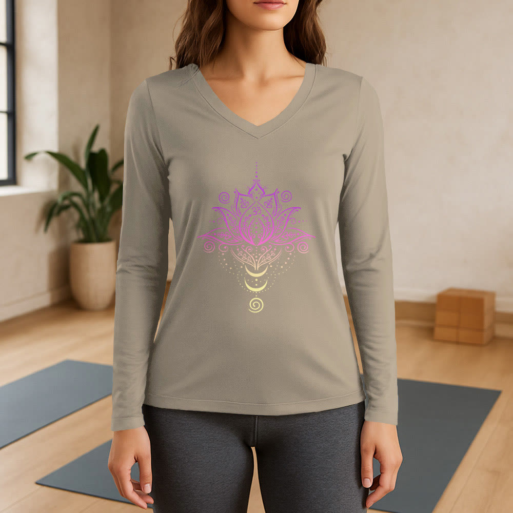 Olivenorma OM Lotus Flower Long Sleeve V-Neck T-Shirt - Khaki - 3XL - image 17