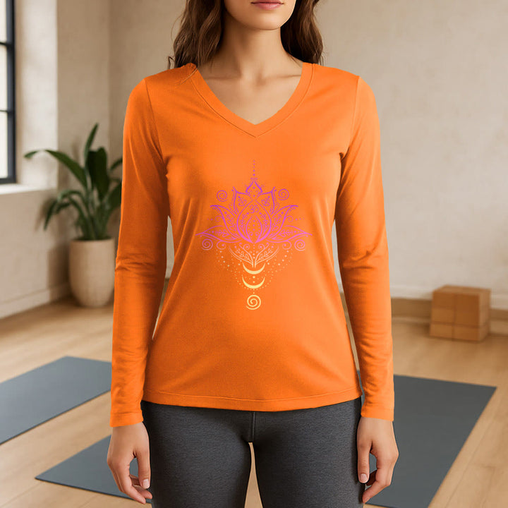Olivenorma OM Lotus Flower Long Sleeve V-Neck T-Shirt - Orange - 3XL - image 15