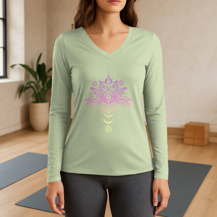 Olivenorma OM Lotus Flower Long Sleeve V-Neck T-Shirt - Light Green - 3XL - image 9