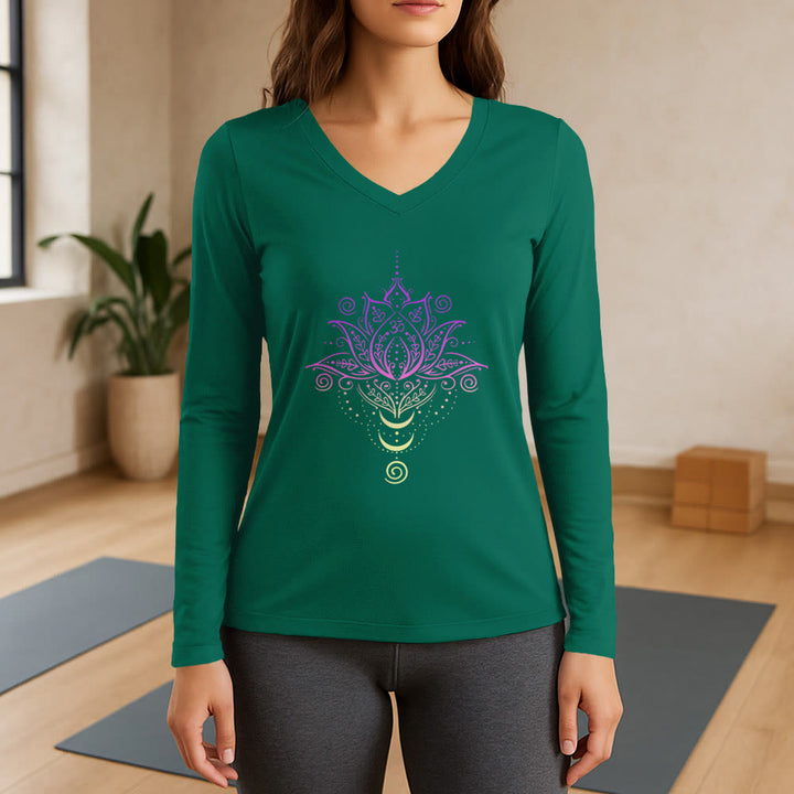 Olivenorma OM Lotus Flower Long Sleeve V-Neck T-Shirt - Green - 3XL - image 11