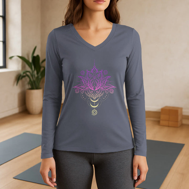 Olivenorma OM Lotus Flower Long Sleeve V-Neck T-Shirt - Gray - 3XL - image 16