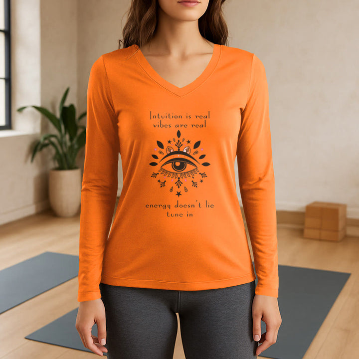 Olivenorma Intuition Evil Eye Design Long Sleeve V-Neck T-Shirt - Orange - 3XL - image 14