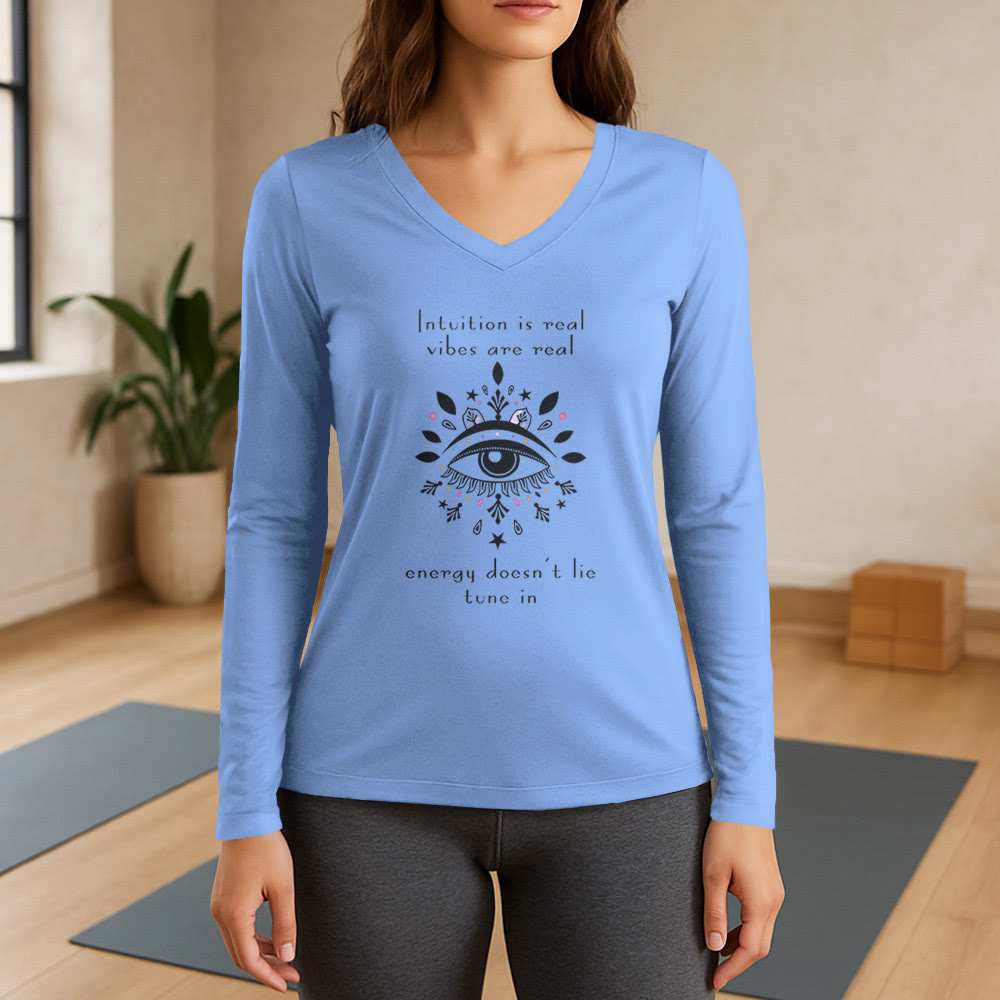 Olivenorma Intuition Evil Eye Design Long Sleeve V-Neck T-Shirt - Blue - 3XL - image 9