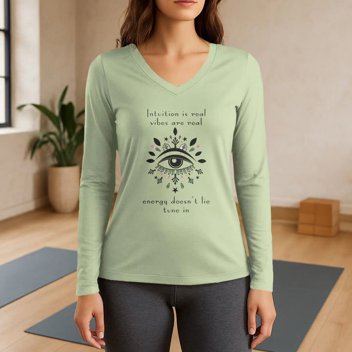 Olivenorma Intuition Evil Eye Design Long Sleeve V-Neck T-Shirt - Light Green - 3XL - image 8