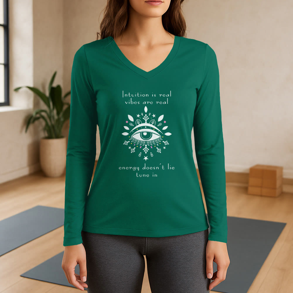 Olivenorma Intuition Evil Eye Design Long Sleeve V-Neck T-Shirt - Green - 3XL - image 10